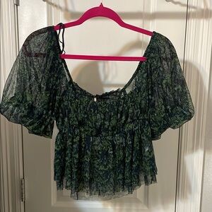 Free People Green Puff Sleeve Smocked Blouse NWT